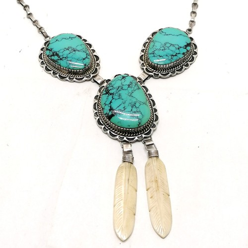 735 - Navajo native American Indian silver necklet set with turquoise with carved bone feather drops by NS... 