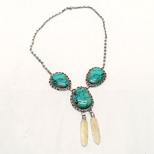 735 - Navajo native American Indian silver necklet set with turquoise with carved bone feather drops by NS... 