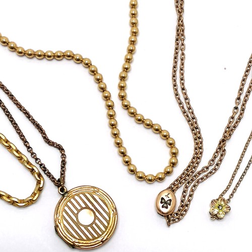 736 - 5 x antique gilt metal chains inc 2 x muff / languards (both with adjustable sliding pendant detail)... 