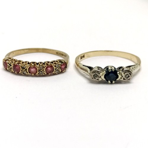 761 - 2 x 9ct marked gold rings - sapphire / diamond size O & ruby / diamond - size N ~ total weight 3.5g