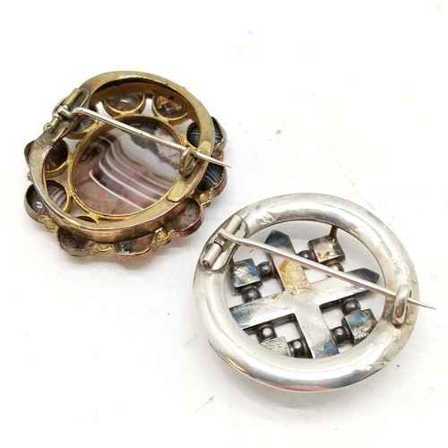 770 - 2 x antique Scottish hardstone brooches - unmarked silver brooch set with paua shell (3.5cm diameter... 