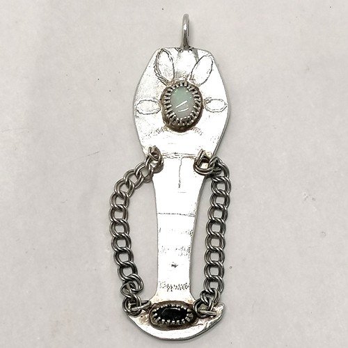 776 - 1981 unusual silver pendant set with opal & garnet by PQ - 9cm drop & 27.6g total weight