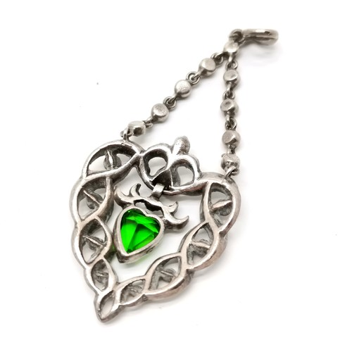 785 - Antique unmarked silver paste / marcasite set drop heart pendant - 6cm total drop & 6.4g total weigh... 