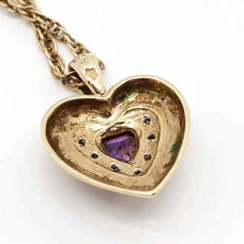 788 - 9ct hallmarked gold amethyst & diamond set heart pendant on a 9ct marked gold rope 44cm neckchain - ... 