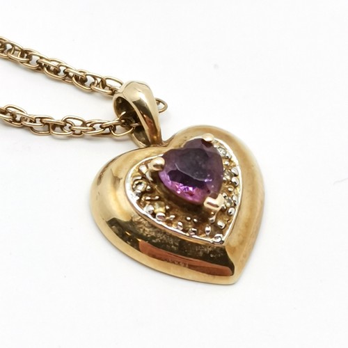 788 - 9ct hallmarked gold amethyst & diamond set heart pendant on a 9ct marked gold rope 44cm neckchain - ... 