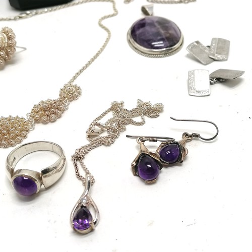 804 - Qty silver jewellery some boxed inc amethyst drop earrings + ring + large pendant, turquoise set rin... 