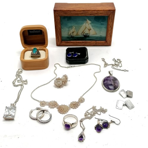 804 - Qty silver jewellery some boxed inc amethyst drop earrings + ring + large pendant, turquoise set rin... 