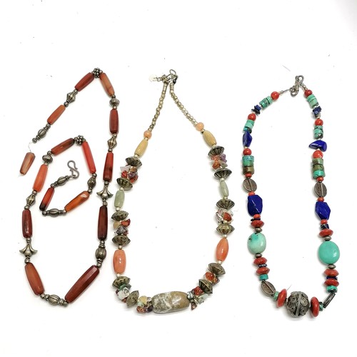 808 - 3 x ethnic stone set necklaces - multi coloured necklace (48cm) has silver clasp & cornelian bead mi... 