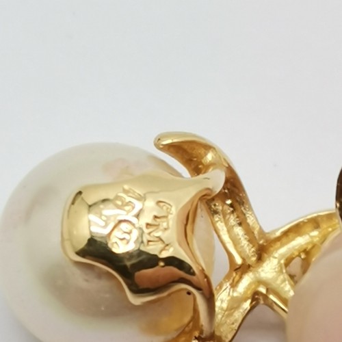 811 - 18ct marked gold good quality pearl & diamond set earrings marked PM B1 - 1.4cm drop & 4.5g total we... 