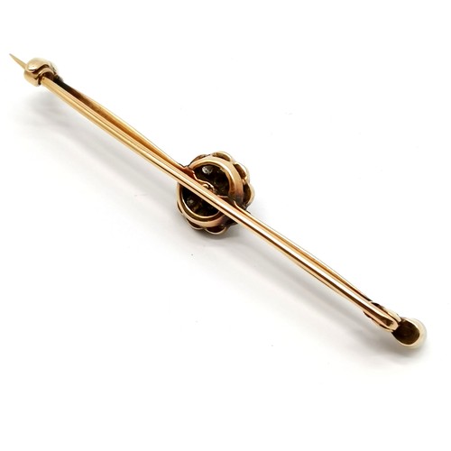 821 - Antique unmarked gold (touch tests as 15ct) bar brooch set with pearls & diamonds - 6cm & 4.9g total... 