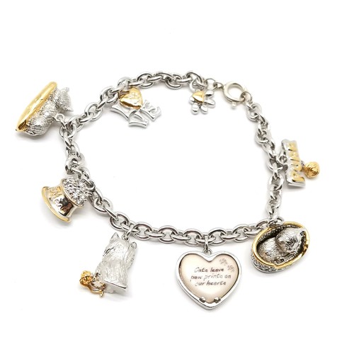 825 - Silver cat themed charm bracelet with charms inc cat photo frame, Purr, cat in basket etc - total we... 