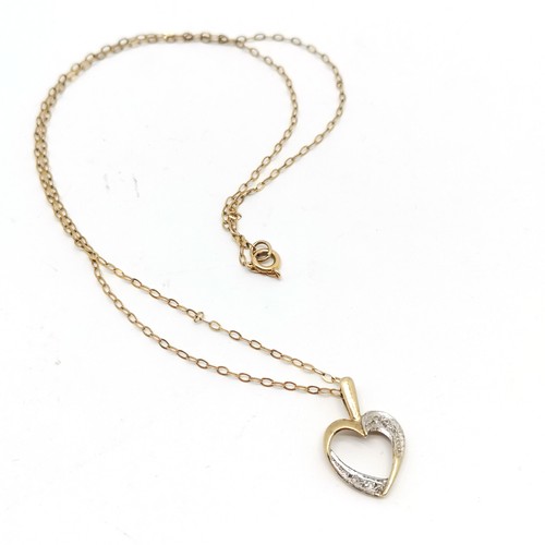 839 - 9ct marked gold 40cm neckchain with 9ct gold diamond set heart pendant ~ total weight 1.5g