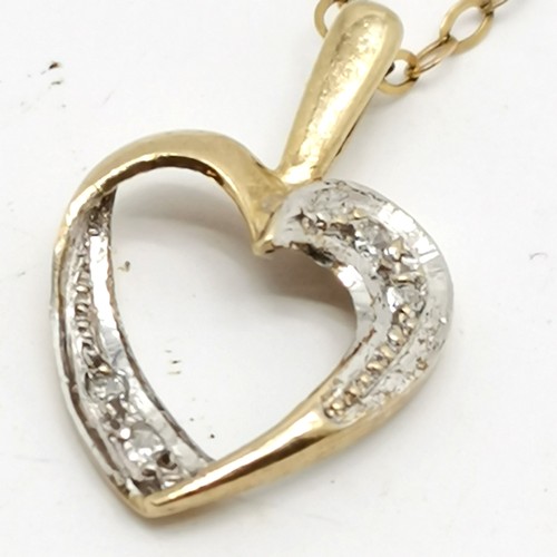 839 - 9ct marked gold 40cm neckchain with 9ct gold diamond set heart pendant ~ total weight 1.5g