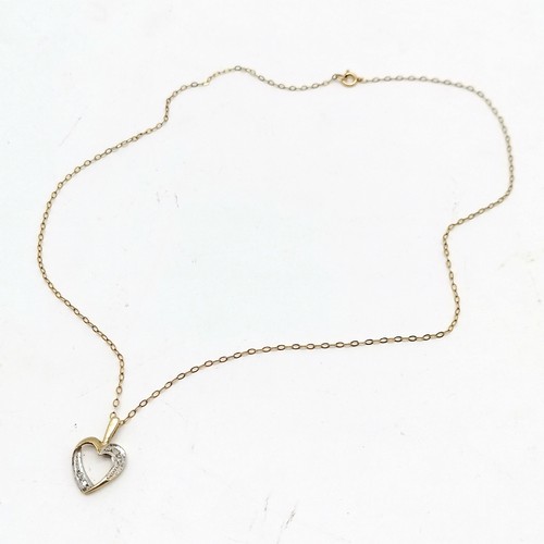 839 - 9ct marked gold 40cm neckchain with 9ct gold diamond set heart pendant ~ total weight 1.5g