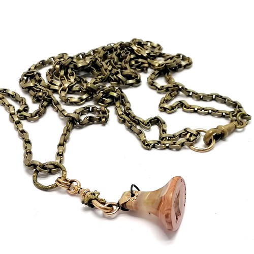 841 - Antique muff chain with unmarked gold mounts & agate seal pendant 'Follow me' (pin a/f) - 140cm long