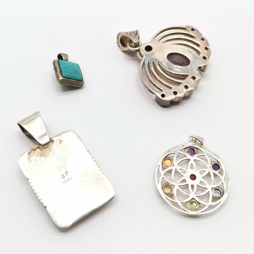 855 - 4 x silver marked stone set pendants - largest 5.5cm drop x 5.2cm across & total weight (lot) 62g