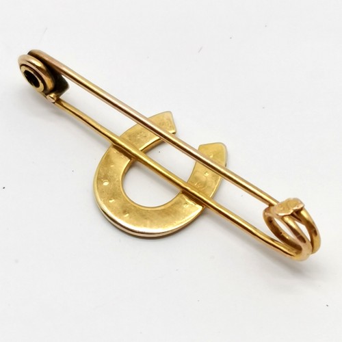 858 - Antique 9ct marked gold bar brooch with horseshoe design set with seed pearl - 3.2cm & 1.2g total we... 