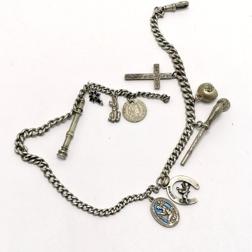 864 - Antique silver albert chain with fobs inc propelling pencil, cross etc - total length 47cm & 54g tot... 