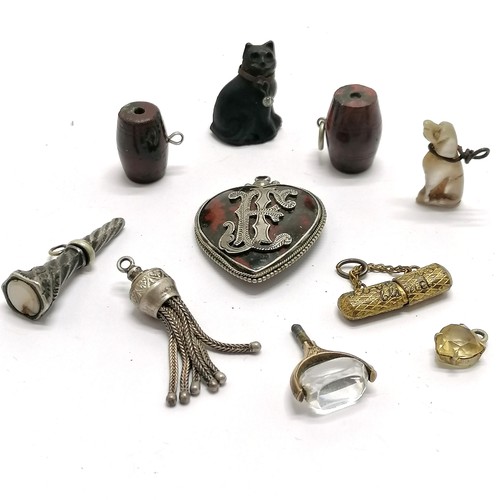 865 - Qty of antique fobs / charms inc 2 x stanhope barrels (The Lizaard & Tintagel), Serpentine heart sha... 