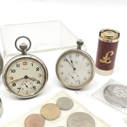 880 - 2 x silver cased pocket watches (largest 38mm), GSTP Grana military pocket watch (running), some coi... 