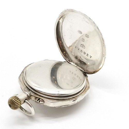 886 - Antique silver cased ladies fob watch - 30mm with enamel detail (slight losses) to reverse & heart s... 