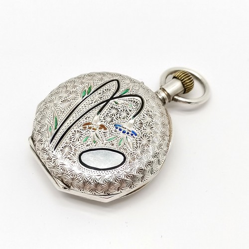 886 - Antique silver cased ladies fob watch - 30mm with enamel detail (slight losses) to reverse & heart s... 