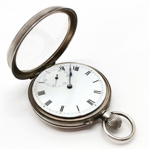 889 - Antique silver cased pocket watch with white enamel dial - 48mm case & 77g - hairline to dial & dent... 