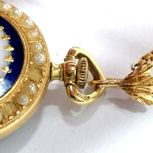 896 - 18ct hallmarked gold Montreux manual wind fob watch with enamel diamond & pearl set brooch / suspend... 