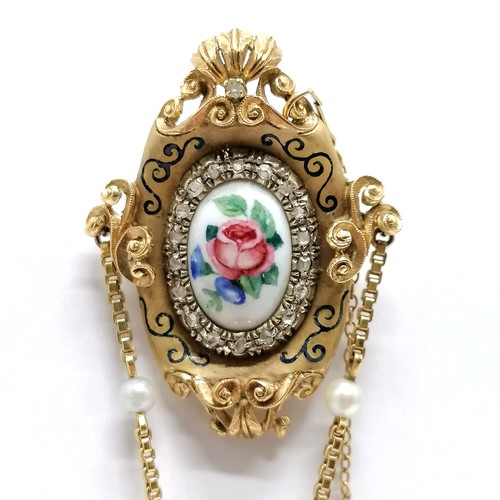 896 - 18ct hallmarked gold Montreux manual wind fob watch with enamel diamond & pearl set brooch / suspend... 