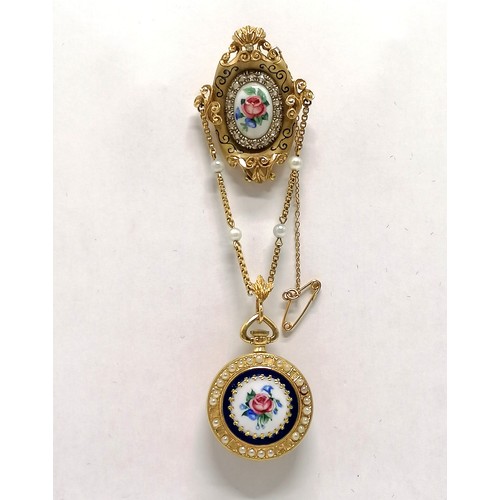 896 - 18ct hallmarked gold Montreux manual wind fob watch with enamel diamond & pearl set brooch / suspend... 