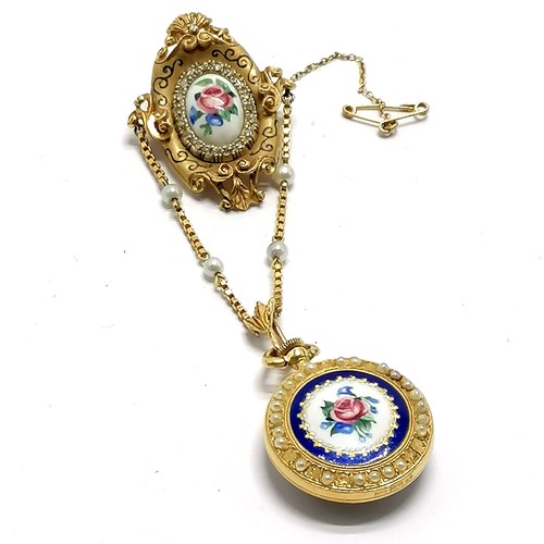 896 - 18ct hallmarked gold Montreux manual wind fob watch with enamel diamond & pearl set brooch / suspend... 