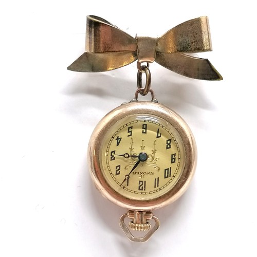 898 - Awoner rolled gold manual wind brooch watch with bow suspender - 4.5cm drop & running at time of lis... 