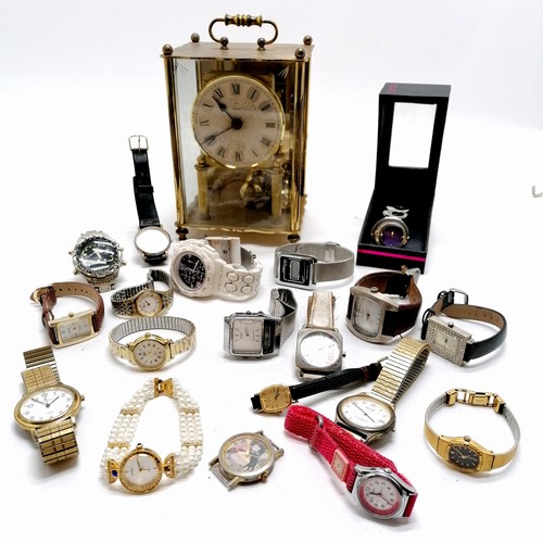 908 - Qty of quartz wristwatches inc LCD, boxed Seksy t/w vintage brass cased anniversary clock by Koma - ... 