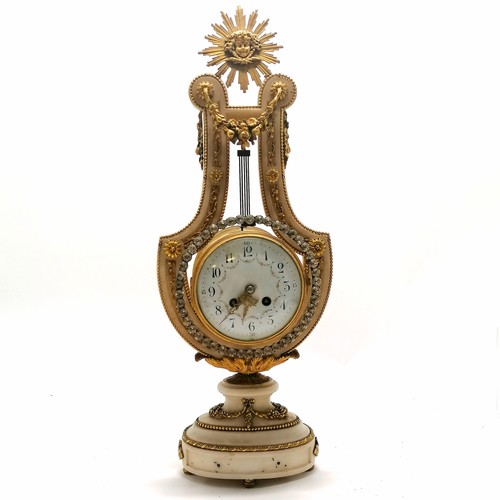 913 - Antique French Louis XVI style lyre shaped mantle clock with ormolu mounts and an unusual paste set ... 