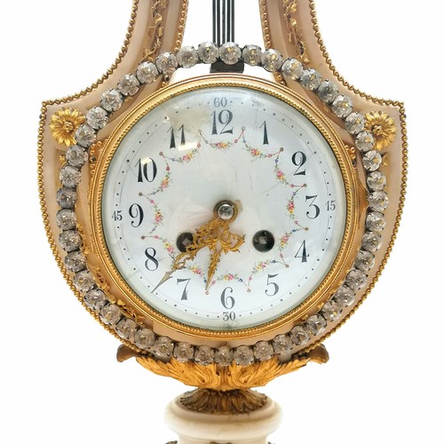 913 - Antique French Louis XVI style lyre shaped mantle clock with ormolu mounts and an unusual paste set ... 