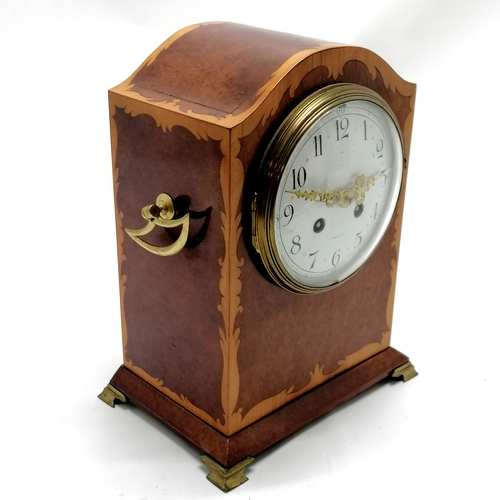 914 - Antique domed top French mantle clock with enamel dial and burr wood veneered case and strike mechan... 