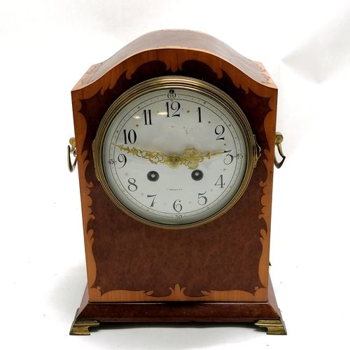 914 - Antique domed top French mantle clock with enamel dial and burr wood veneered case and strike mechan... 