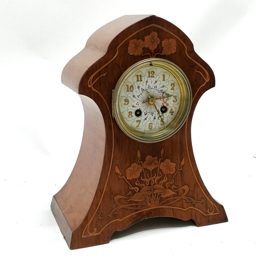 915 - Art Nouveau mahogany cased mantle clock with floral designed inlays retailed by Thomas Armstrong Bro... 