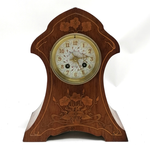 915 - Art Nouveau mahogany cased mantle clock with floral designed inlays retailed by Thomas Armstrong Bro... 