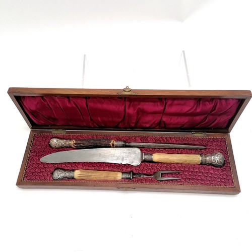 917 - Antique silver mounted cased carving set with antler handles - oak case 46cm x 13cm x 4.5cm ~ fork a... 