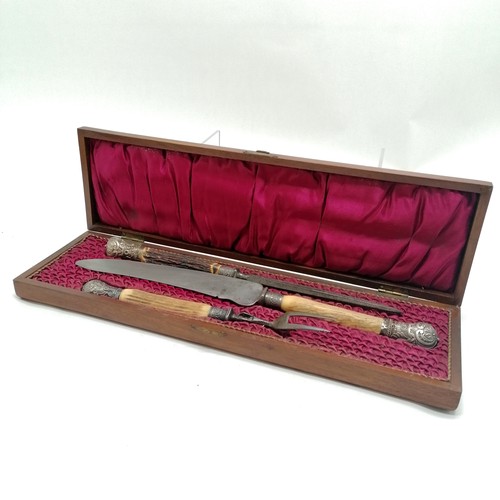 917 - Antique silver mounted cased carving set with antler handles - oak case 46cm x 13cm x 4.5cm ~ fork a... 