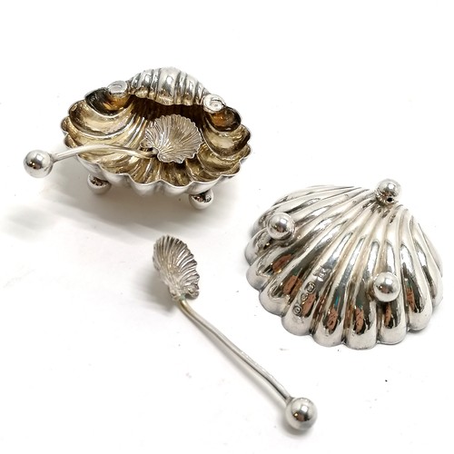 925 - 1897 Chester silver pair of shell bowl design salts with spoons by James Deakin & Sons - dishes 5cm ... 