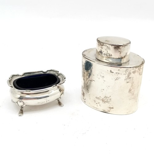 929 - Qty of silver - small cannister (7cm high & a/f), salt with blue glass liner & 6 spoons (inc Georgia... 