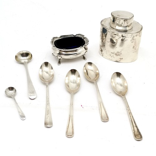 929 - Qty of silver - small cannister (7cm high & a/f), salt with blue glass liner & 6 spoons (inc Georgia... 