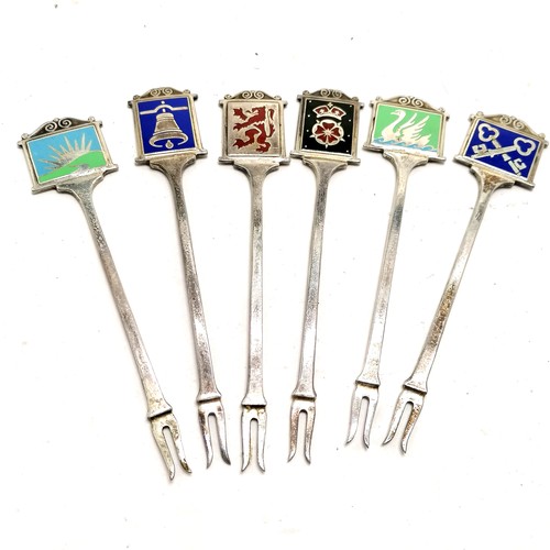 948 - 1953 silver set of 6 pickle forks with enamel pub signs finials by Turner & Simpson Ltd & in origina... 