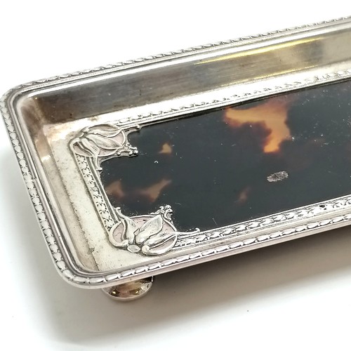 957 - Antique silver & tortoiseshell pen tray on 4 bun feet - 22cm x 7.5cm & 134g total weight ~ small nic... 