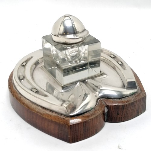 963 - Daniel & Arter silver plated horseshoe stand with glass inkwell with jockey cap hinged lid - 14cm x ... 