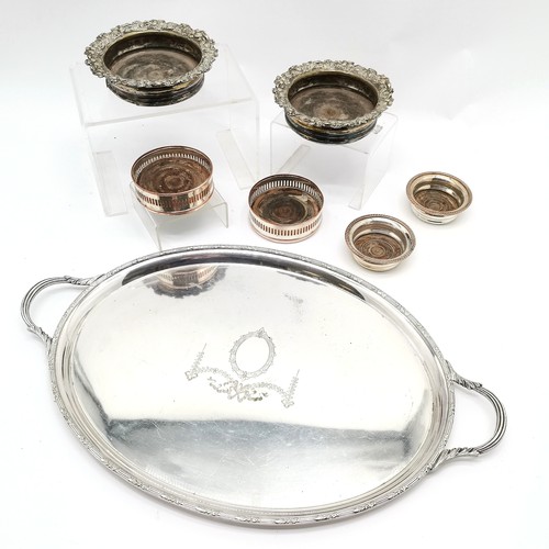 969 - Silver plated oval 2 handled tray with engraved swag detail (55cm across) t/w 3 pairs of antique coa... 