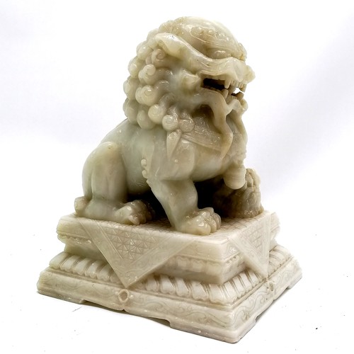 11 - Oriental Chinese hand carved soapstone lion dog on plinth - 21cm high x 13.5cm x 18cm