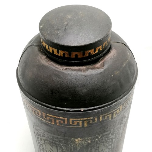 16 - Antique black painted tea tin with original Chines characters and banded Greek 44cm high  x 26cm dia... 